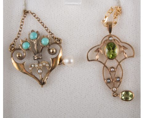 Two Edwardian style pendants, one hallmarked 9 carat yellow gold set with peridot and pearl on a 9 carat yellow gold oval tra