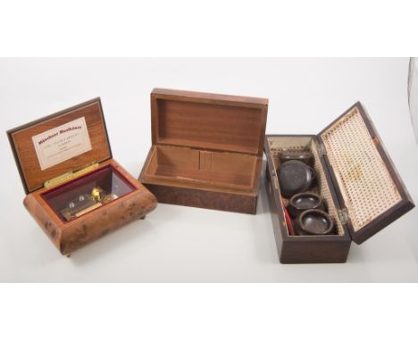 French late 19th century rosewood and mother-of-pearl inlaid glove box, 25cm, a yew wood and box strung cigar box, two musica