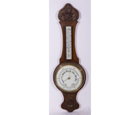 Victorian walnut banjo barometer, scrolled frame with some mother of pearl inlays, silver dial, signed Upjohn, Exeter, 97cm.
