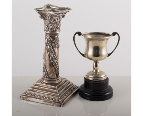 Silver candlestick, London 1888, Corinthian column, 17cm, weighted, (af); small silver twin-handled Trophy cup; a small plate