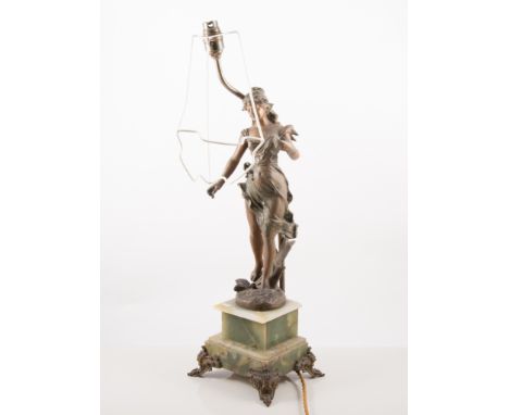 Pair of French spelter figures, set on green onyx bases, one adapted as a table lamp and a brass warming pan, (3).