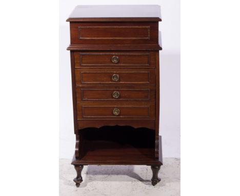 Edwardian walnut music cabinet, a rectangular hinged top, with a moulded edge enclosing a sheet music support, above drawers 