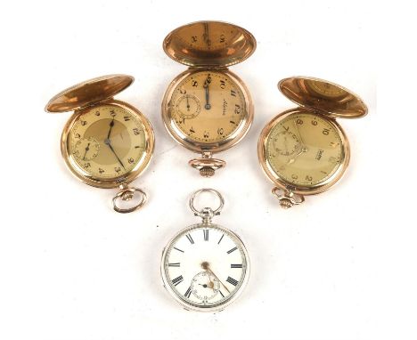 Four pocket watches, including an open faced Silver pocket watch with white dial, Roman numeral hour markers, set within a ra