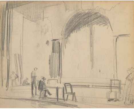 LAURA KNIGHT
Rehearsal Floor and Stage for Puss in Boots, Birmingham Repertory Company
Pencil Sketch
Unsigned
Heavily inscrib