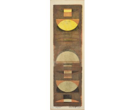 JOHN WELLS 
73/7D
Print Composition, oil and oil wash
Signed, dated 1972 and numbered
Further inscribed to the back
34 x 11cm