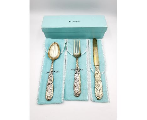 A Tiffany &amp; Co. silver boxed nursery rhyme cutlery set, consisting of a knife, fork and spoon. Longest 19.5cm 193g