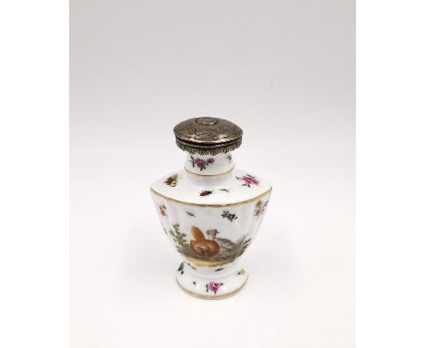 A delicately hand painted miniature porcelain bottle, possibly Herend, decorated with scenes of wild fowl with flowers and in