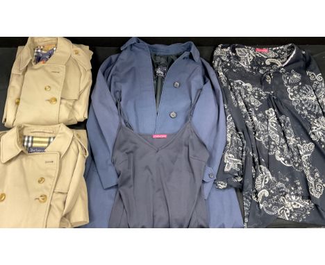 Burberry - a lady's blue rain coat, size approx 14;  others two full length rain coats, size 14,  Zara Rhodes blouse (4) 