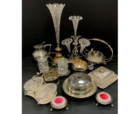 Plated - Victorian silver plate four branch epergne, etched glass trumpet glass mounts, 37cm high, other singular epergne 46c