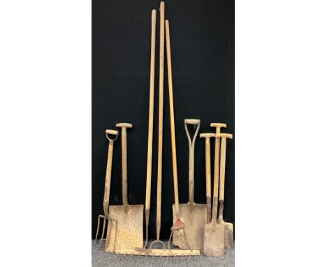 Vintage agricultural and garden tools - rake, garden tiller, hoe, shovels, spades, (14). 