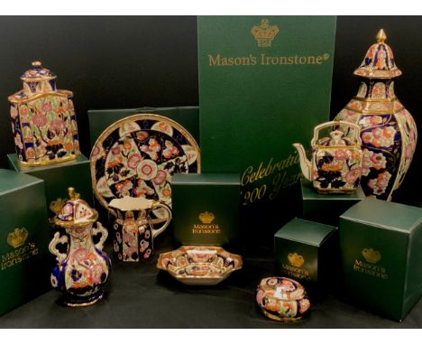 Masons Ironstone ‘Penang’ ware, celebrating 200 years including; large lidded vase, 46cm high, plate, lidded caddy, miniature