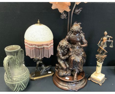 An Art Deco style lamp of women holding marbleised shade, 42cm high; etc 