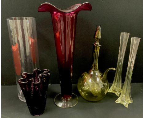 Art glass - large ruby frilled edged trumpet vase, 56cm high, green glass wine decanter, 45cm high, amethyst glass handkerchi