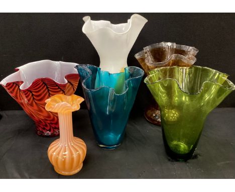 An Art Glass handkerchief vase, in mottled amber and clear colour tones,  others red, blue, green etc. 