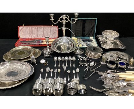 Silver &amp; Plate - a set of six teaspoons, pair of sugar tongs,  silver hafted button hook;  pair of silver plated candlest