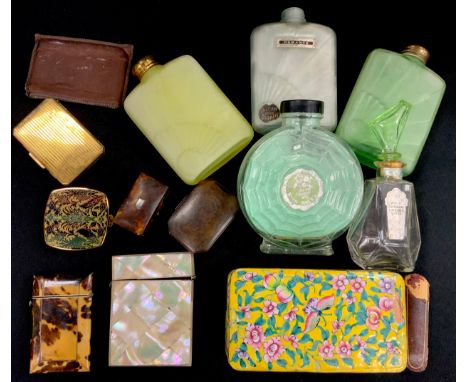 Boxes and objects- enamel rectangular box, 15cm long, tortoise shell and mother of pearl  card boxes, 1920’s bath salt bottle