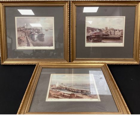 Walter Homes prints, ‘Newcastle Upon Tyne’, ’North Shields Fish Quay', 'Low Light, North Shields', all signed to margin,23cm 