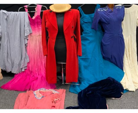 Vintage Fashions - mid century and later clothes including; Ann Corbett turquoise ball gown, others similar, red and black co