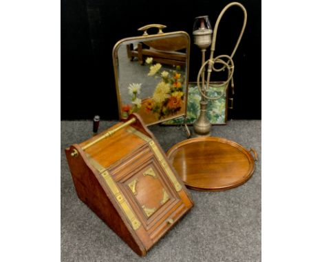 Boxes and objects - Victorian oak and brass purdonium, c.1885, mirrored fire screen, oval twin handled tray; etc (7) 