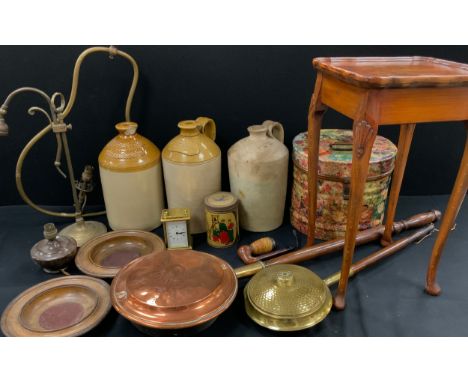 Boxes and objects - stoneware flagons, copper bed warmers, a pair of turned oak bowl, 23cm dia, transfer printed tin hat boxe