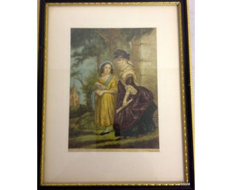 A framed George Baxter print of Victorian Ladies 25 x 19cm