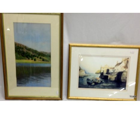 A framed pastel of 'Watendlath' Lake District by Elizabeth A Smith and a framed print of a fishing village scene