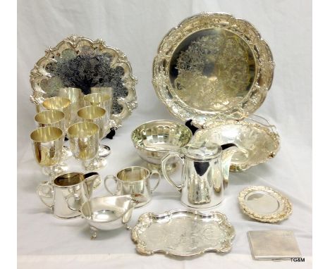 A large selection of silver plated and A1 plate to include a tea set, salvers, goblets and others