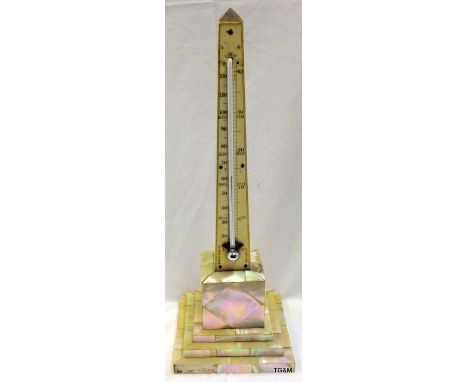 Large Victorian mother of pearl obelisk desk thermometer 30cm high