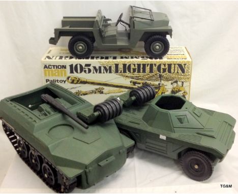 3 action man vehicles including 105mm light gun and a Jeep