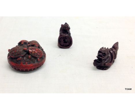 A Netsuke carved Rat, Dragon and Tortoise decorated ornate trinket box