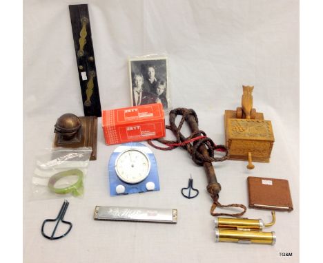 A mixed lot including leather bull whip, Deco glass clock and a Meths blow torch