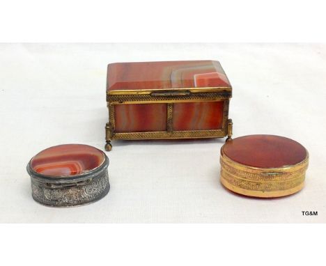 An Agate Trinket box with gilt mounts and 2 similar snuff boxes  7cm x 4cm x 3.5cm