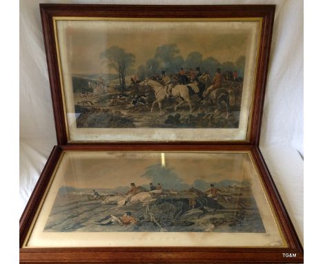Pair of hunting prints, printed April 1864 by Brooke and Son, engraved by J Harris, Painted by J. Herring (98 x 68cm) 