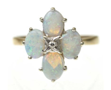 An opal and diamond ringThe four opal oval cabochons centering a round brilliant-cut diamond, to a yellow metal shank, hallma