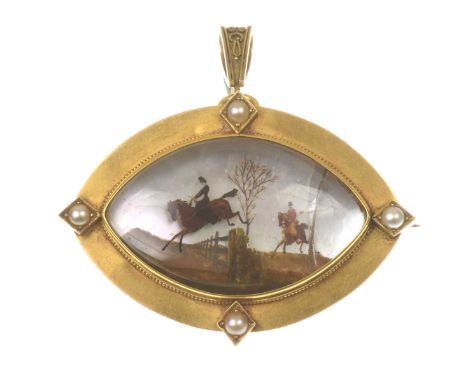 Of hunting interest: A reverse intaglio brooch/pendantOf navette form, centering a painted reverse intaglio rock crystal AF, 