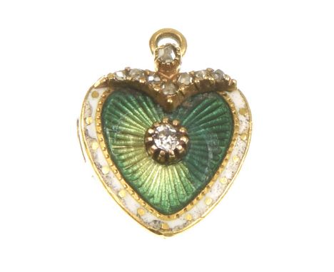 An early 20th Century diamond and enamel heart locket Centering an old-cut diamond within a green enamel ground, to a white e
