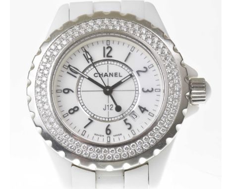 Chanel: A white ceramic and diamond set quartz J12 bracelet wristwatchThe dial with Arabic numerals, with both inner and oute