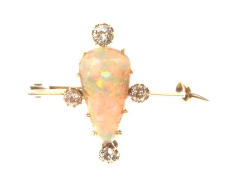 An early 20th century opal and diamond brooch/pendantThe tapered opal flanked by four old-cut diamonds, set to a removable go