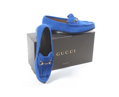 A pair of Gucci royal blue ladies tassle-front suede loafers Applied with typical gilt metal horse bit design, and tassled fr
