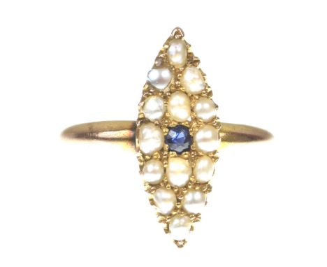 A late Victorian sapphire and pearl cluster ringOf navette form, centering a circular shape sapphire, to a seed pearl surroun