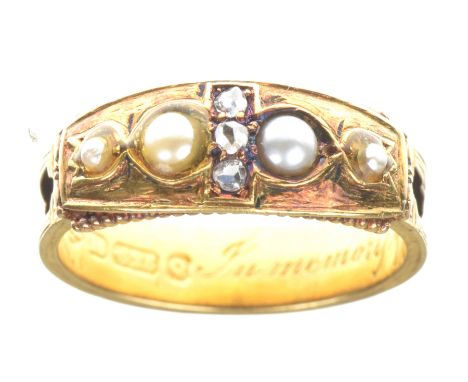 A Victorian pearl and diamond mourning ringCentering old-cut diamonds, flanked by pearls to a black enamel ground, inscribed 