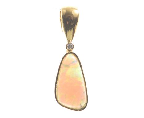 An opal and diamond pendantThe irregular shape cabochon opal, surmounted by a round brilliant-cut diamond, to an 18k gold mou