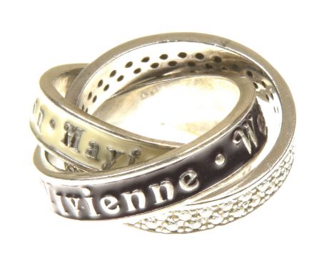 Vivienne Westwood: A Mayfair puzzle ringThe three bands decorated with maroon and cream enamel with text, another band set wi