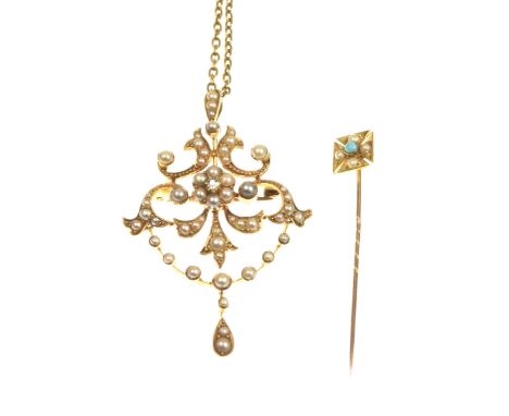 An Edwardian diamond and seed pearl pendant/ broochThe central seed pearl and diamond cluster, set within an open work scroll