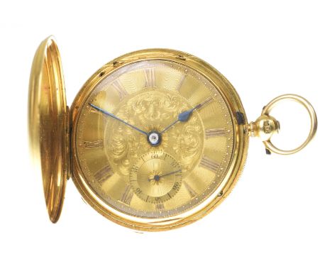 An 18k gold full hunter key wind pocket watchThe gold dial, with intricate scroll detail to the centre, applied Roman numeral