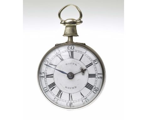 A mid-18th century silver fusee verge silver pocket watchThe enamel white dial with black Roman numeral hour markers, with an