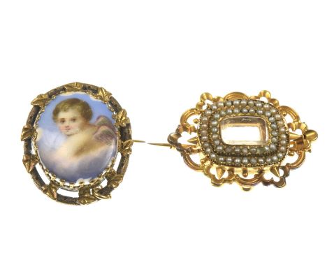 A Victorian mourning broochCentering a vacant glazed compartment within two borders of seed pearls to a pierced scroll border