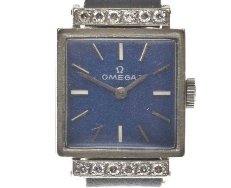 Omega: A ladies diamond set manual wind dress watchArt Deco style, the signed square blue dial with applied silver tone and w