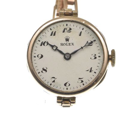 Rolex: An early 20th century manual wind bracelet watchIn 9k rose gold, the signed circular white dial, with black Arabic num