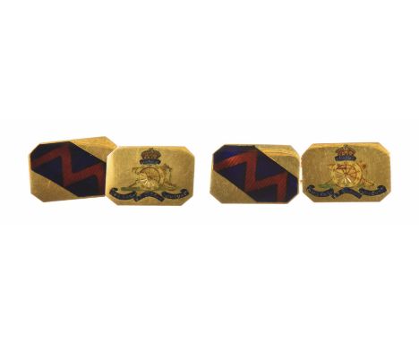 A pair of enamel Royal Artillery cufflinksOf rectangular form with canted corners, with the Royal Artillery logo and motto en